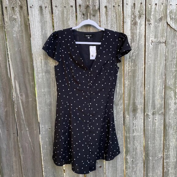 Sugarlips Rockaway Heart Mini Dress Size Small Black Button Front V-neck New - Picture 2 of 9